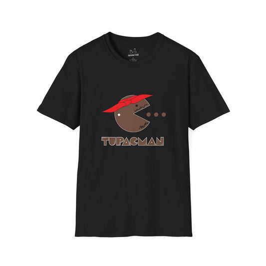 Tupacman t-shirt parody of Pac-Man as Tupac Shakur with red bandana, beard, and earring, funny rapper mashup shirt.