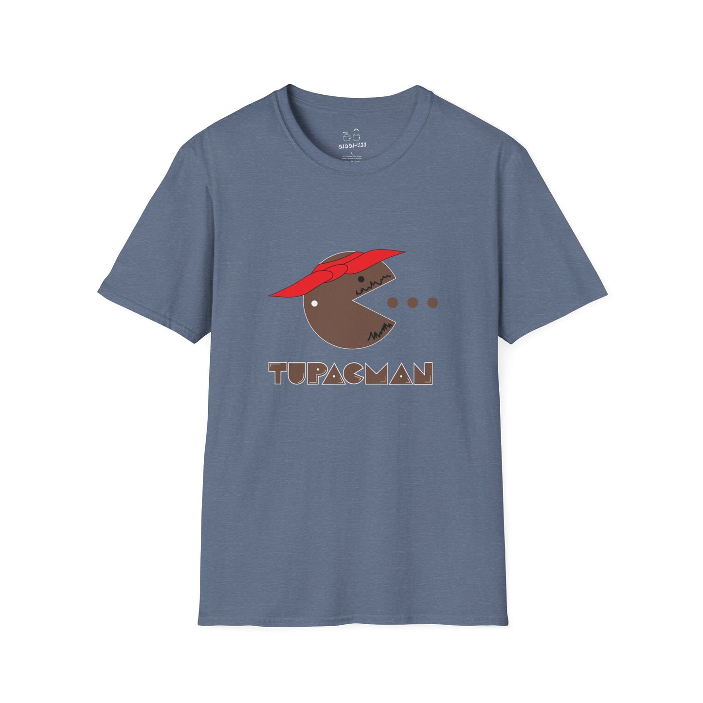 Tupacman t-shirt parody of Pac-Man as Tupac Shakur with red bandana, beard, and earring, funny rapper mashup shirt.