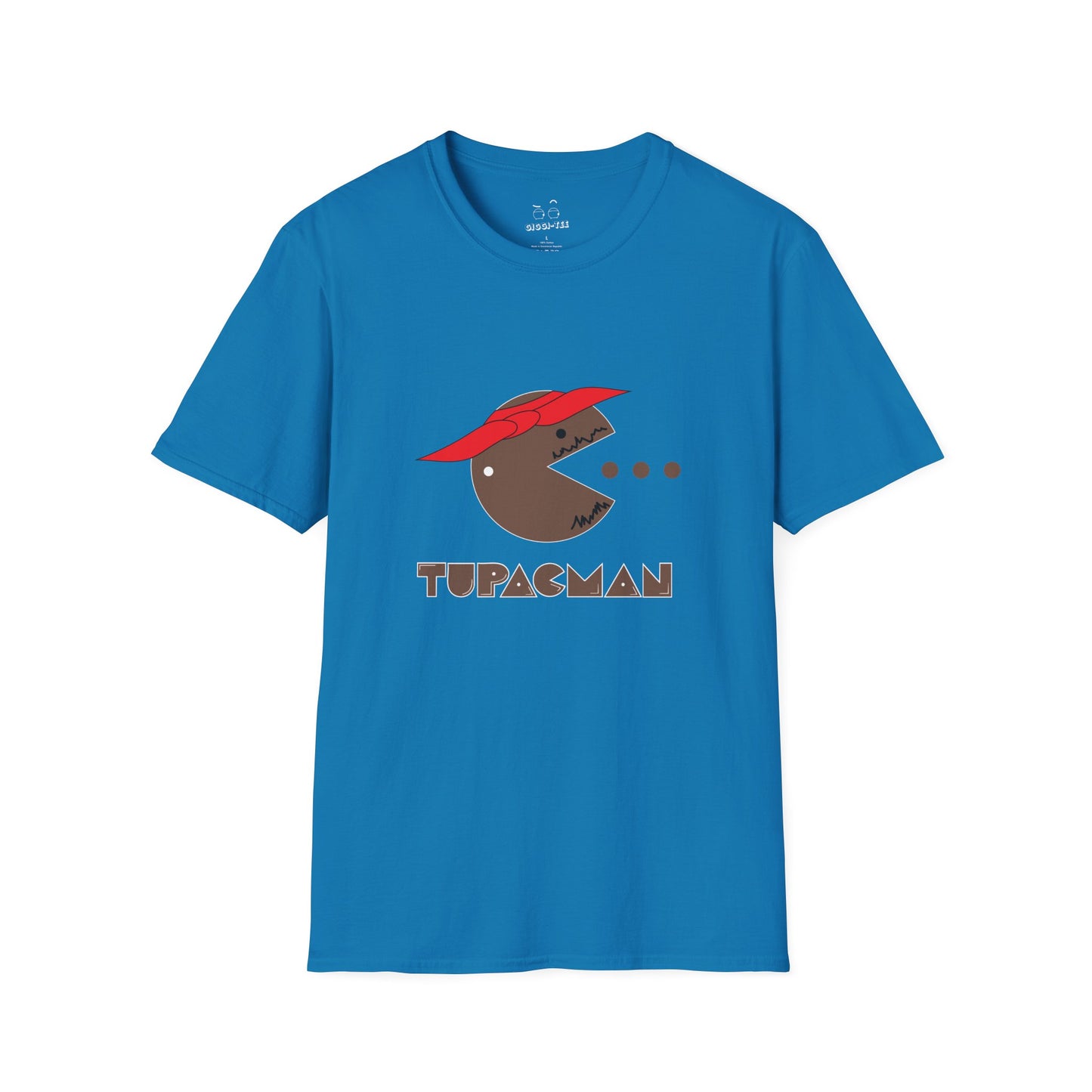 Tupacman t-shirt parody of Pac-Man as Tupac Shakur with red bandana, beard, and earring, funny rapper mashup shirt.