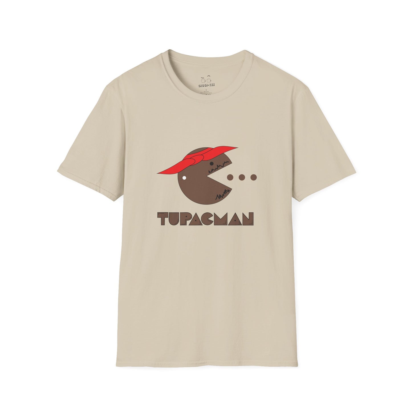 Tupacman t-shirt parody of Pac-Man as Tupac Shakur with red bandana, beard, and earring, funny rapper mashup shirt.