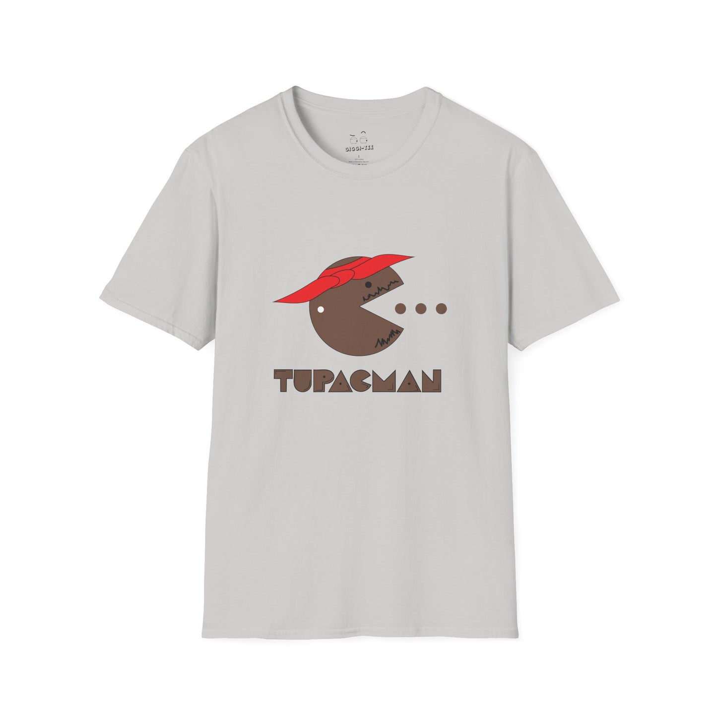 Tupacman t-shirt parody of Pac-Man as Tupac Shakur with red bandana, beard, and earring, funny rapper mashup shirt.