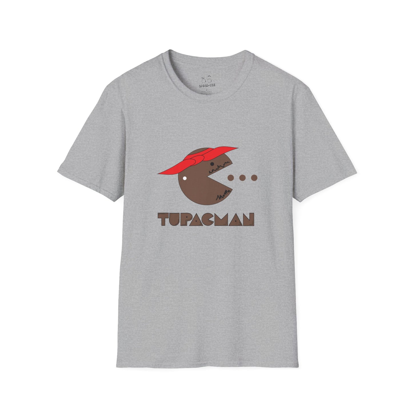 Tupacman t-shirt parody of Pac-Man as Tupac Shakur with red bandana, beard, and earring, funny rapper mashup shirt.