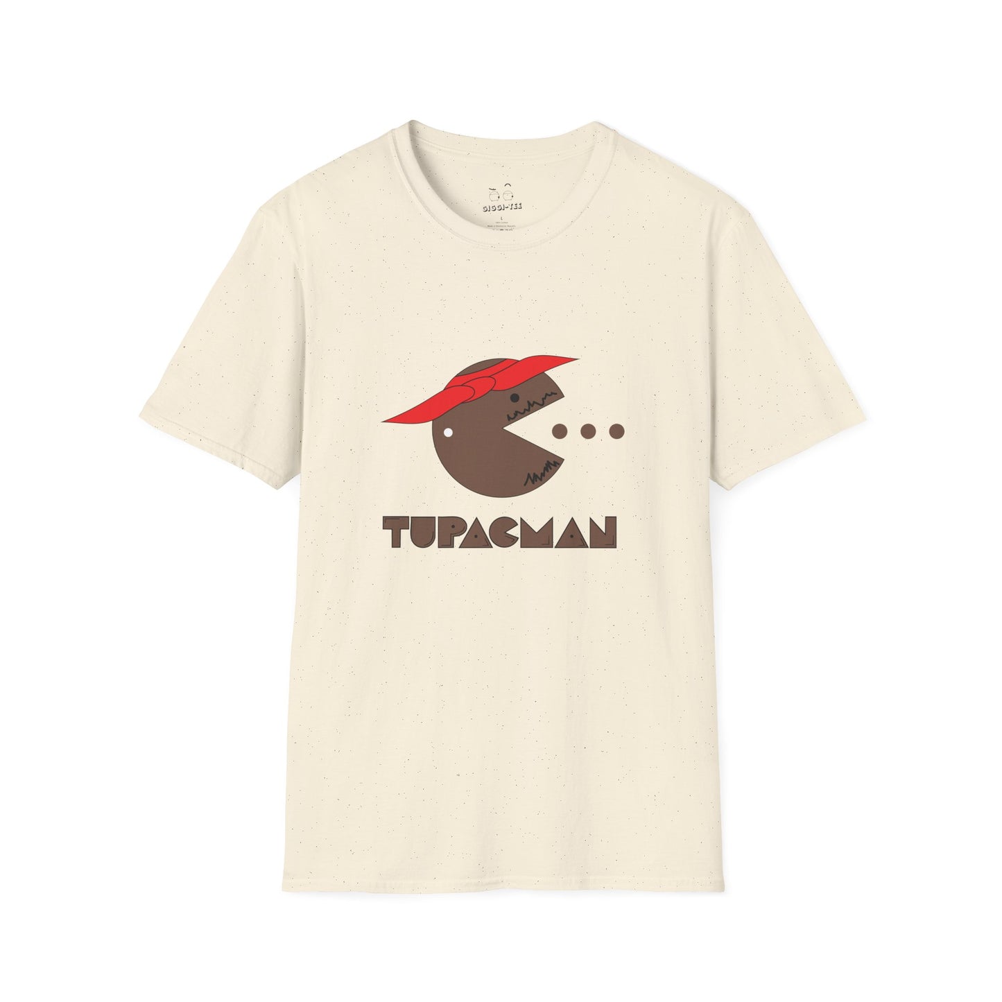 Tupacman t-shirt parody of Pac-Man as Tupac Shakur with red bandana, beard, and earring, funny rapper mashup shirt.