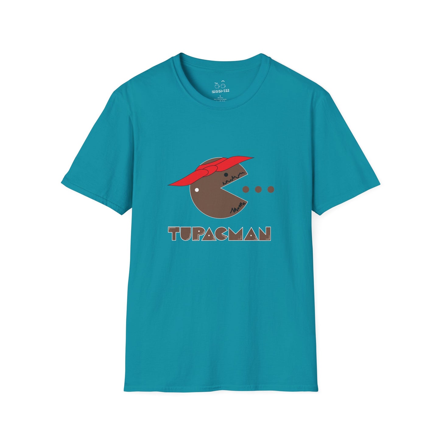 Tupacman t-shirt parody of Pac-Man as Tupac Shakur with red bandana, beard, and earring, funny rapper mashup shirt.