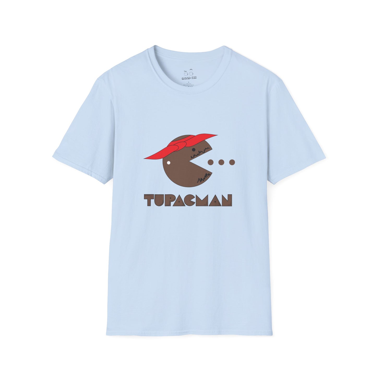 Tupacman t-shirt parody of Pac-Man as Tupac Shakur with red bandana, beard, and earring, funny rapper mashup shirt.