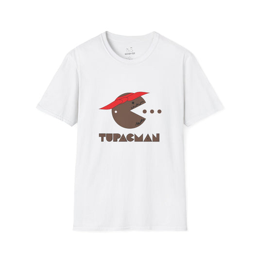 Tupacman t-shirt parody of Pac-Man as Tupac Shakur with red bandana, beard, and earring, funny rapper mashup shirt.