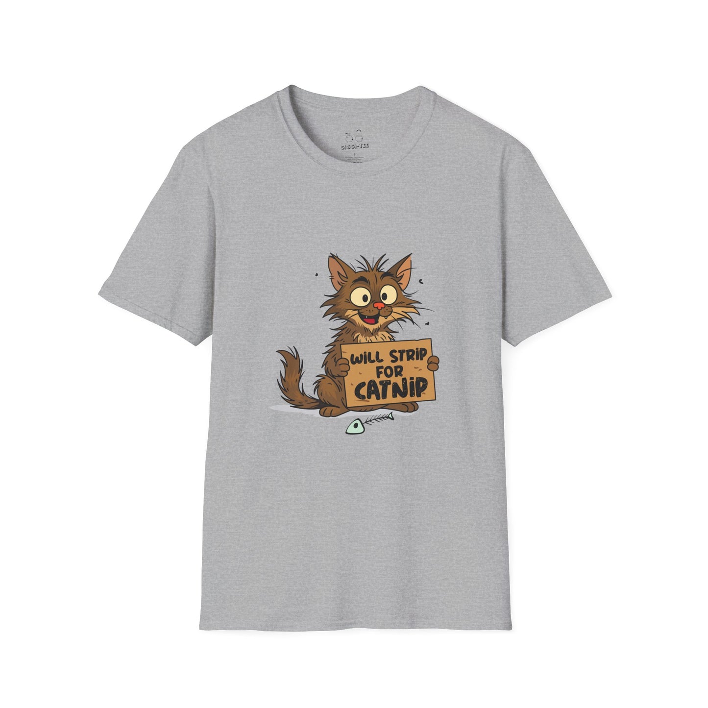A scruffy street cat holding a cardboard sign that reads “Will strip for catnip,” illustrated in a humorous, edgy cartoon style.