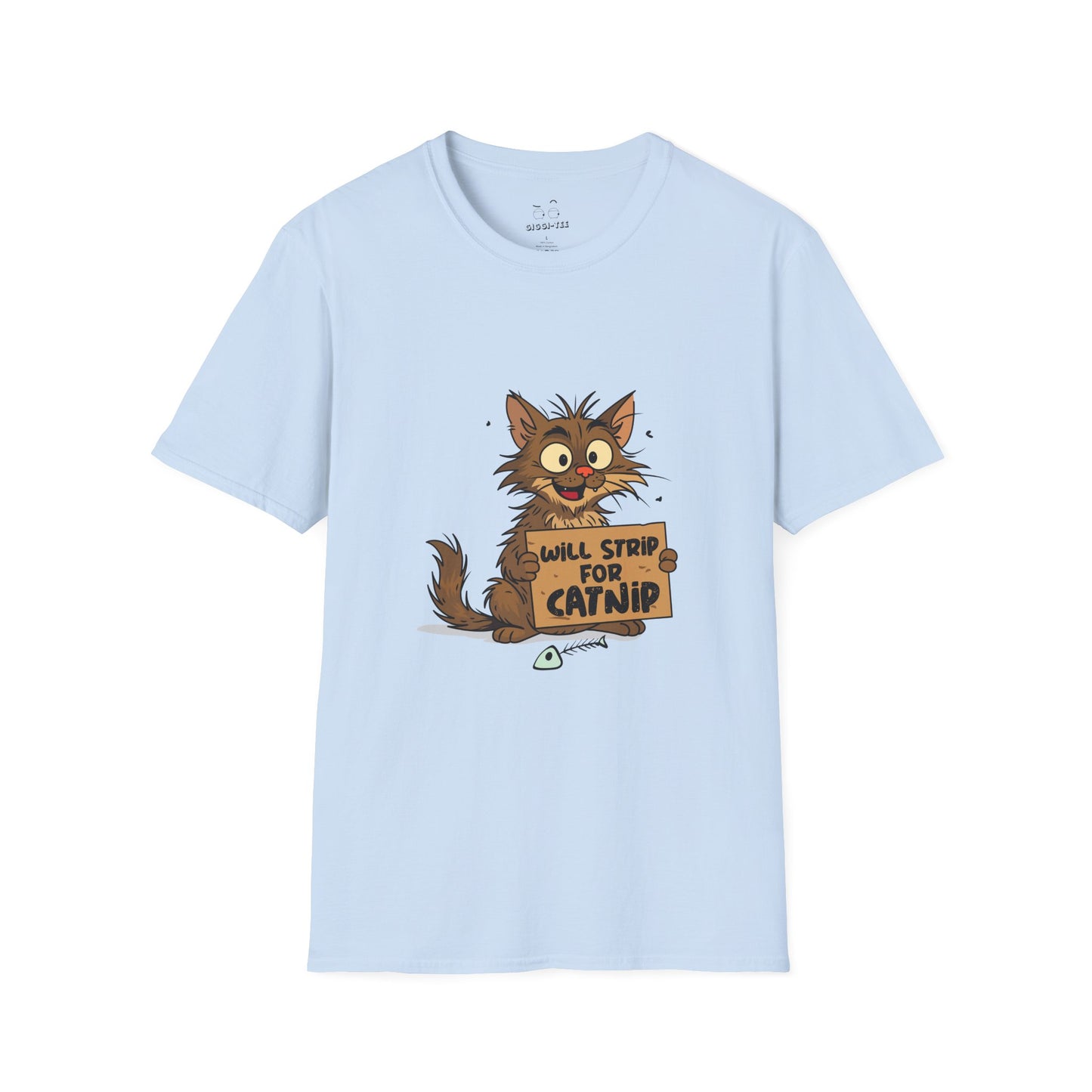 A scruffy street cat holding a cardboard sign that reads “Will strip for catnip,” illustrated in a humorous, edgy cartoon style.