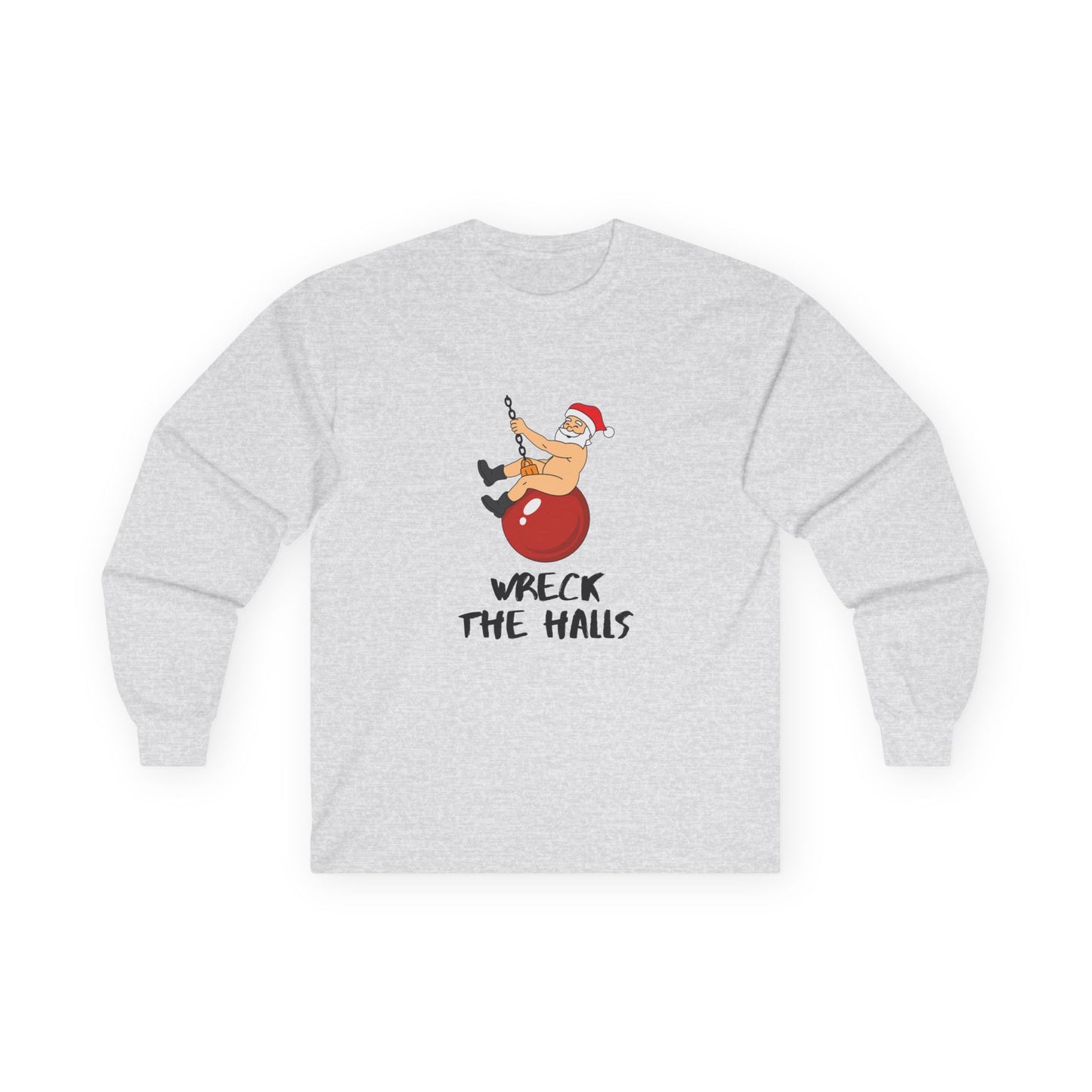 Santa swinging naked on a Christmas ornament like Miley Cyrus in Wrecking Ball, wearing only his hat and boots, funny Christmas shirt design.