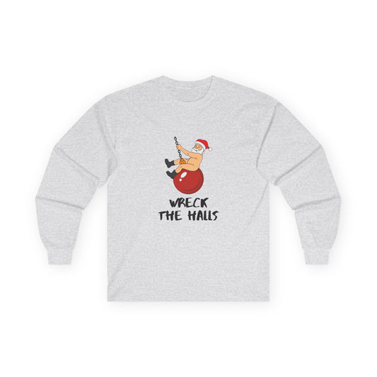 Santa swinging naked on a Christmas ornament like Miley Cyrus in Wrecking Ball, wearing only his hat and boots, funny Christmas shirt design.