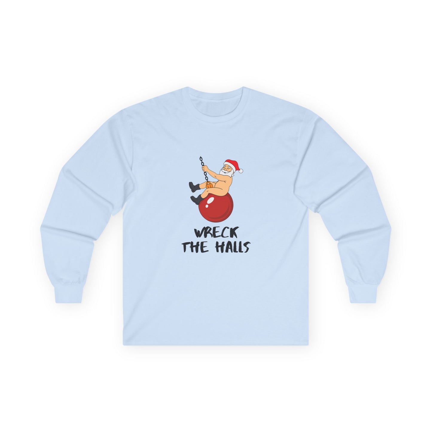 Santa swinging naked on a Christmas ornament like Miley Cyrus in Wrecking Ball, wearing only his hat and boots, funny Christmas shirt design.