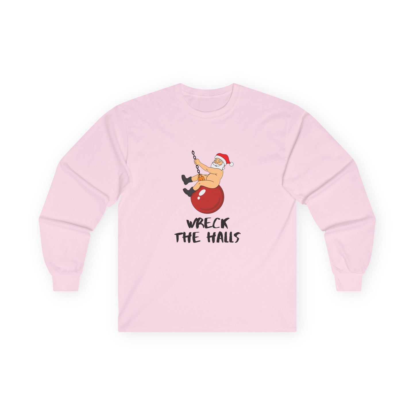 Santa swinging naked on a Christmas ornament like Miley Cyrus in Wrecking Ball, wearing only his hat and boots, funny Christmas shirt design.