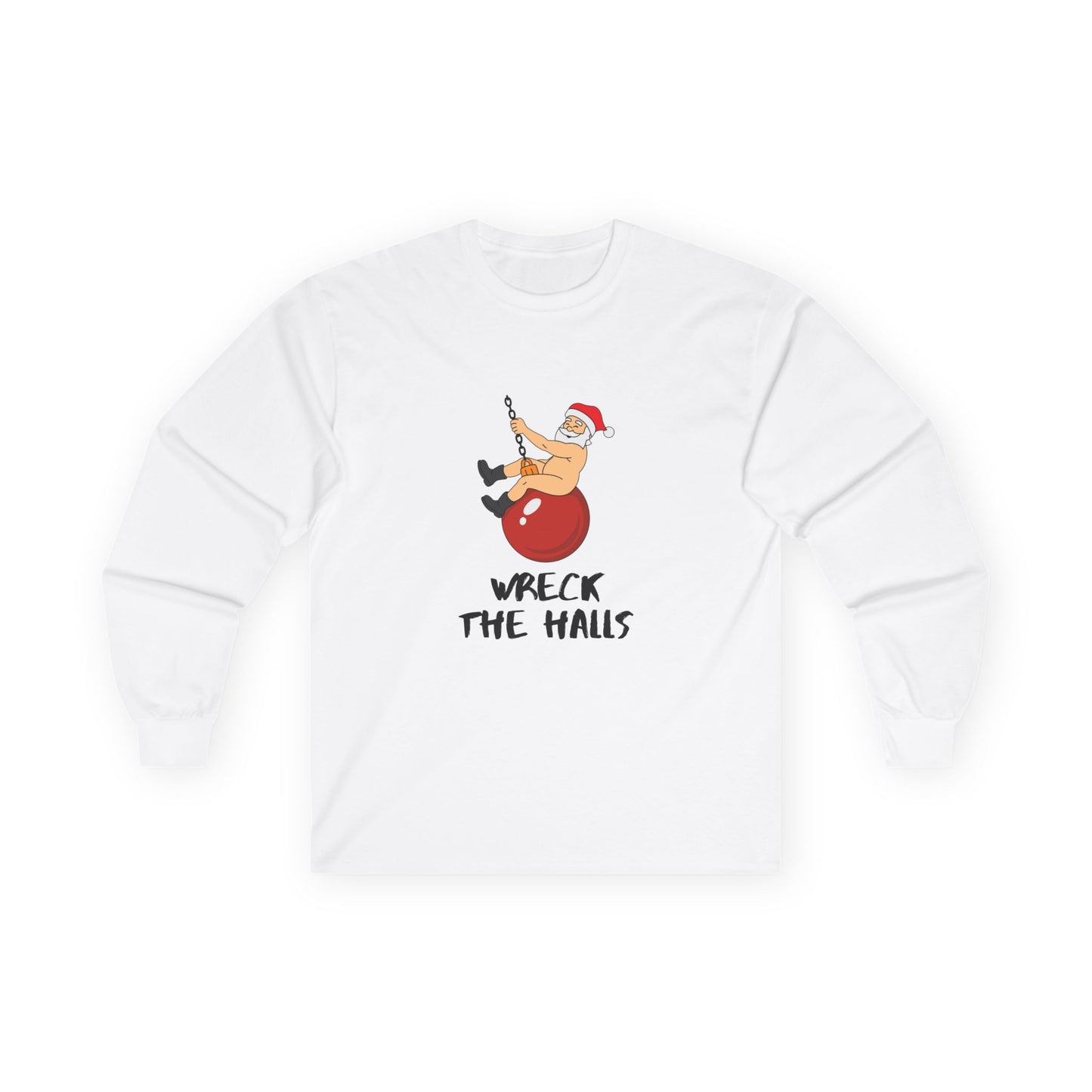 Santa swinging naked on a Christmas ornament like Miley Cyrus in Wrecking Ball, wearing only his hat and boots, funny Christmas shirt design.