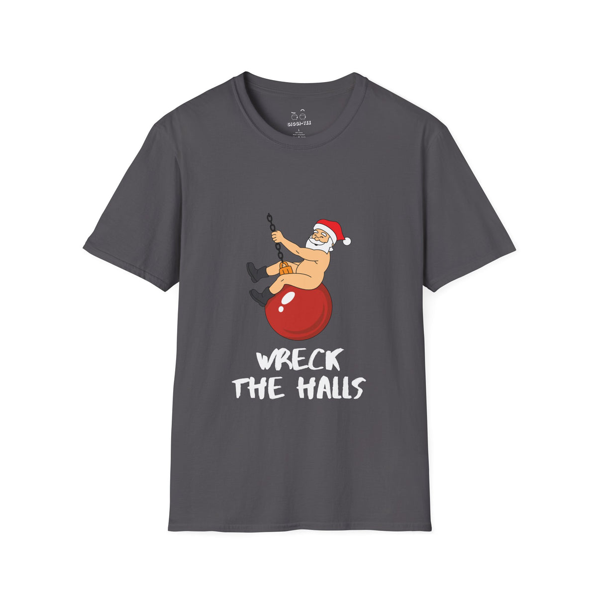 Santa swinging naked on a Christmas ornament like Miley Cyrus in Wrecking Ball, wearing only his hat and boots, funny Christmas shirt design.