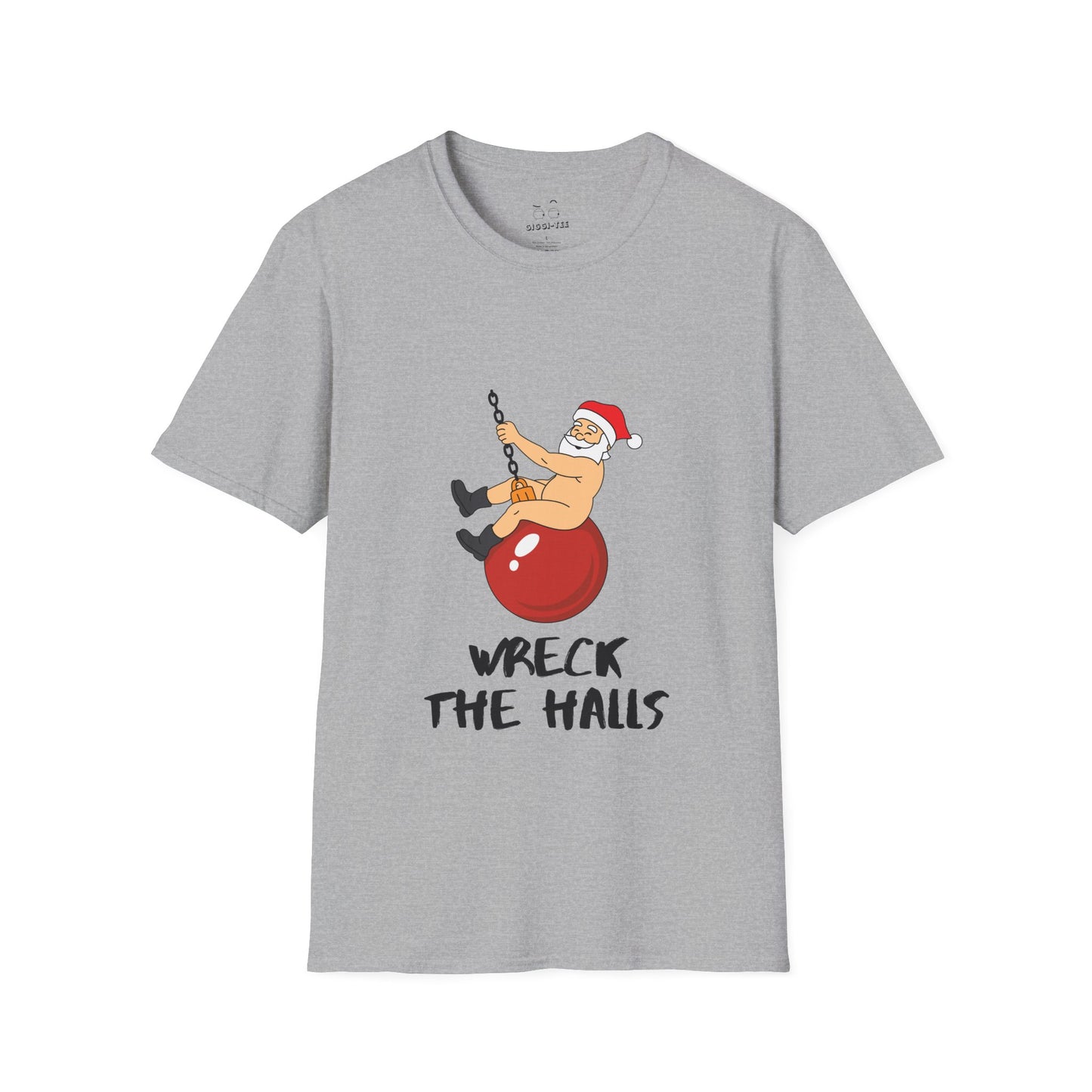 Santa swinging naked on a Christmas ornament like Miley Cyrus in Wrecking Ball, wearing only his hat and boots, funny Christmas shirt design.