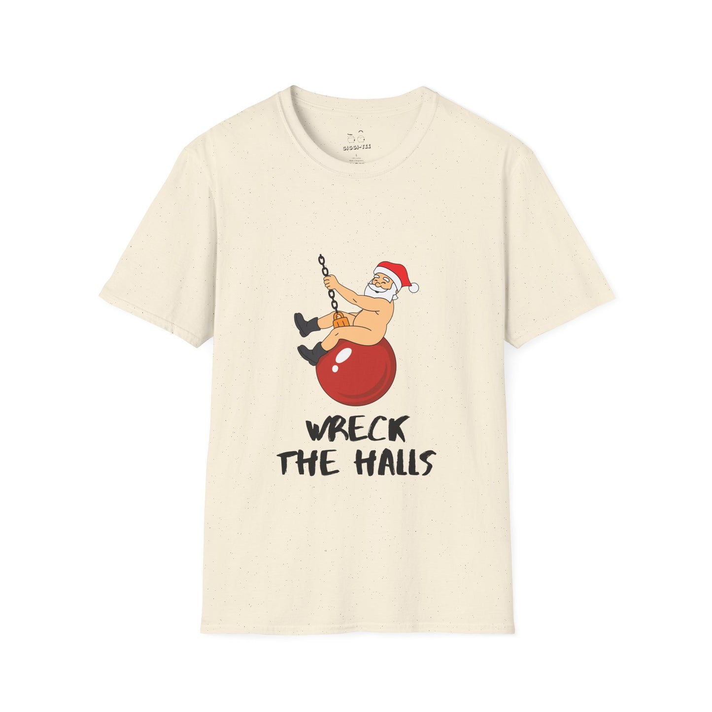 Santa swinging naked on a Christmas ornament like Miley Cyrus in Wrecking Ball, wearing only his hat and boots, funny Christmas shirt design.