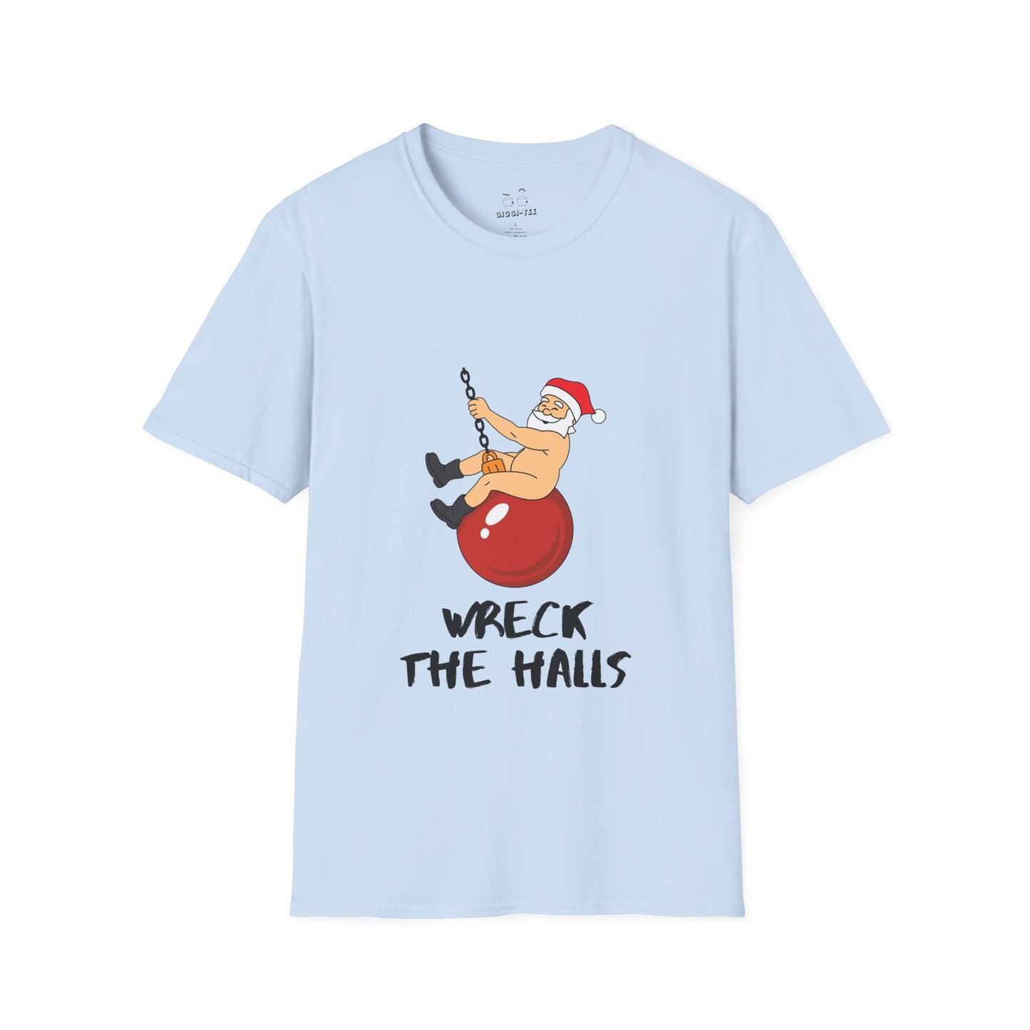 Santa swinging naked on a Christmas ornament like Miley Cyrus in Wrecking Ball, wearing only his hat and boots, funny Christmas shirt design.