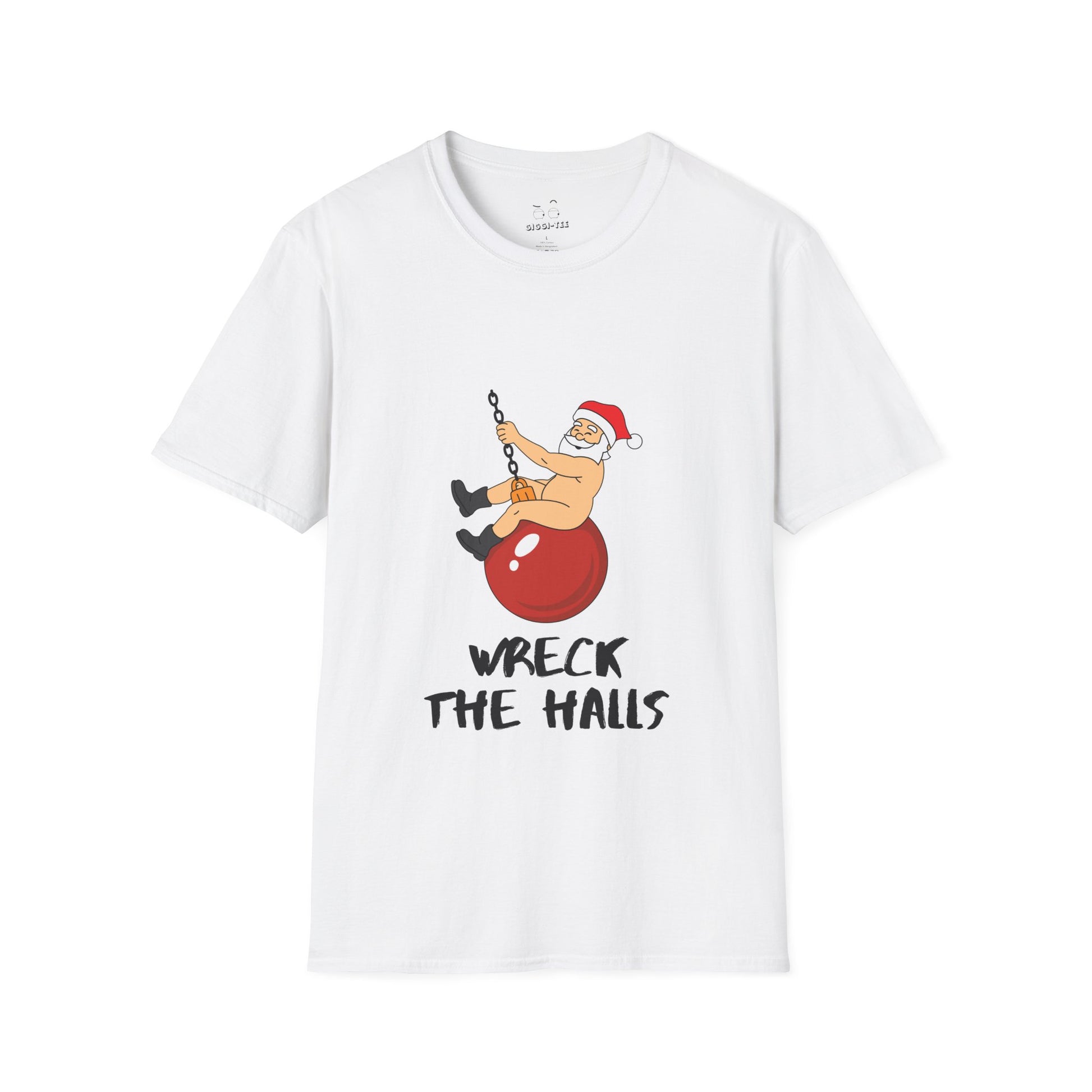 Santa swinging naked on a Christmas ornament like Miley Cyrus in Wrecking Ball, wearing only his hat and boots, funny Christmas shirt design.