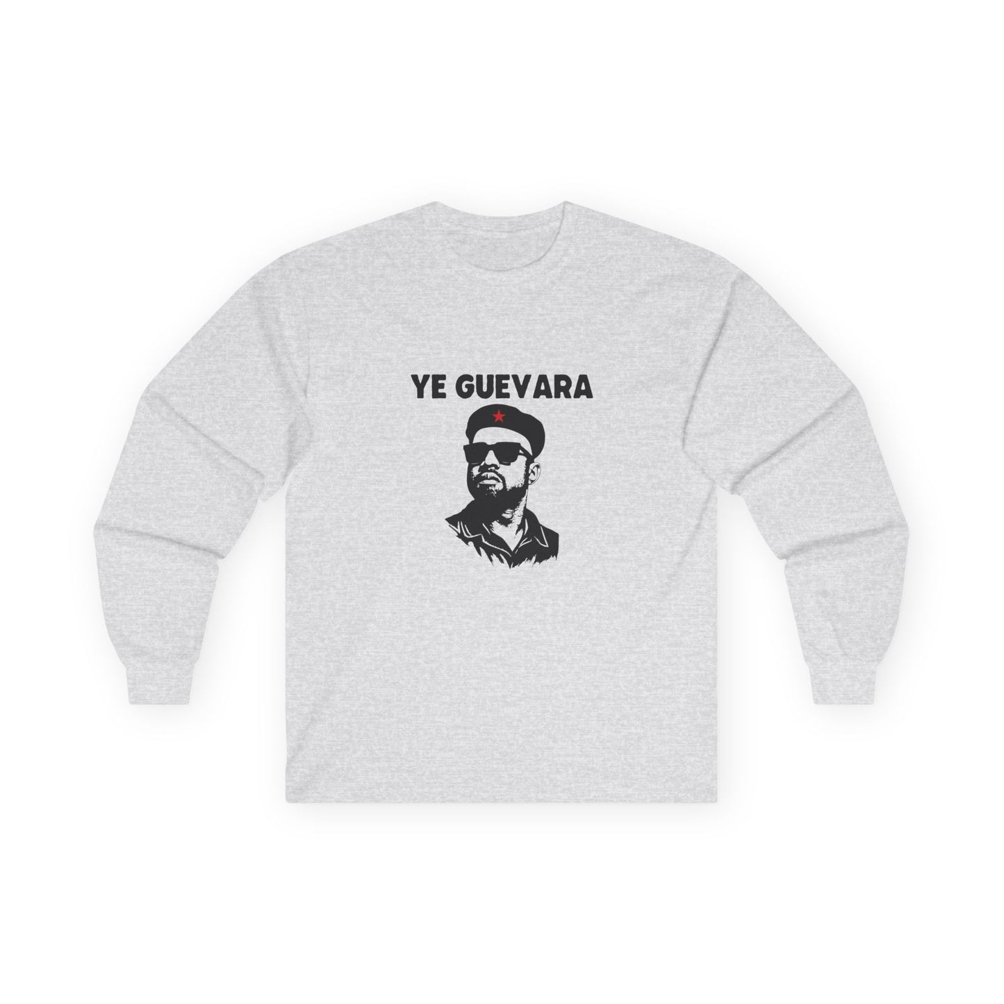 Parody illustration long sleeve shirt design of Kanye West portrayed in the iconic Che Guevara revolutionary poster style wearing a beret
