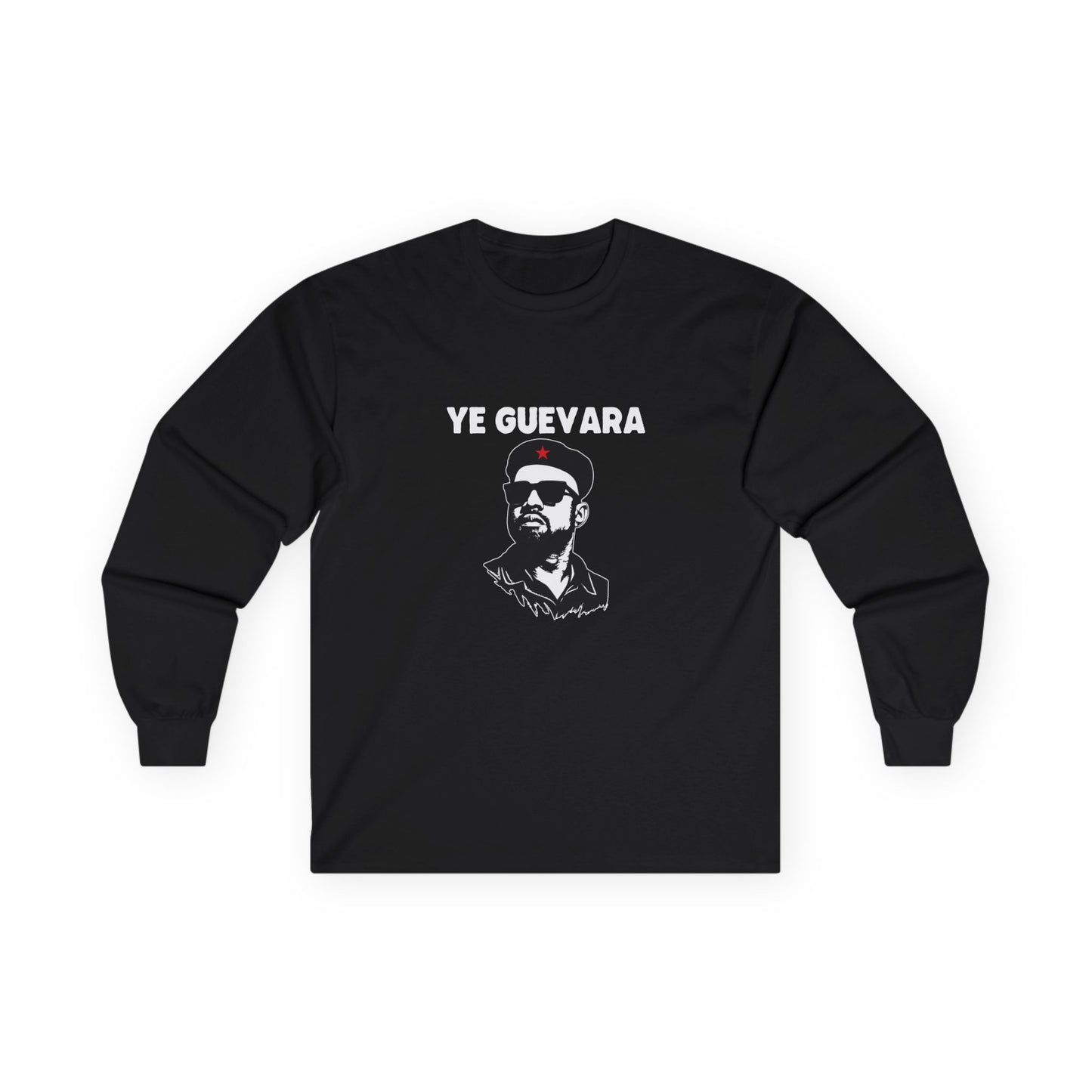 Parody illustration long sleeve shirt design of Kanye West portrayed in the iconic Che Guevara revolutionary poster style wearing a beret