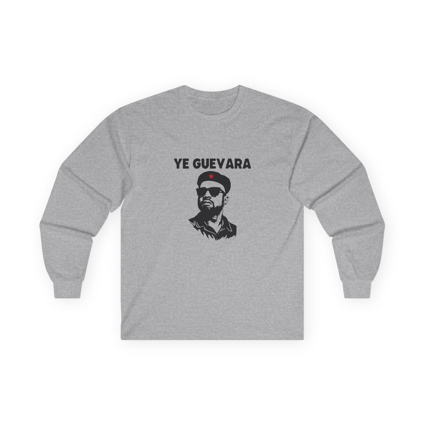 Parody illustration long sleeve shirt design of Kanye West portrayed in the iconic Che Guevara revolutionary poster style wearing a beret