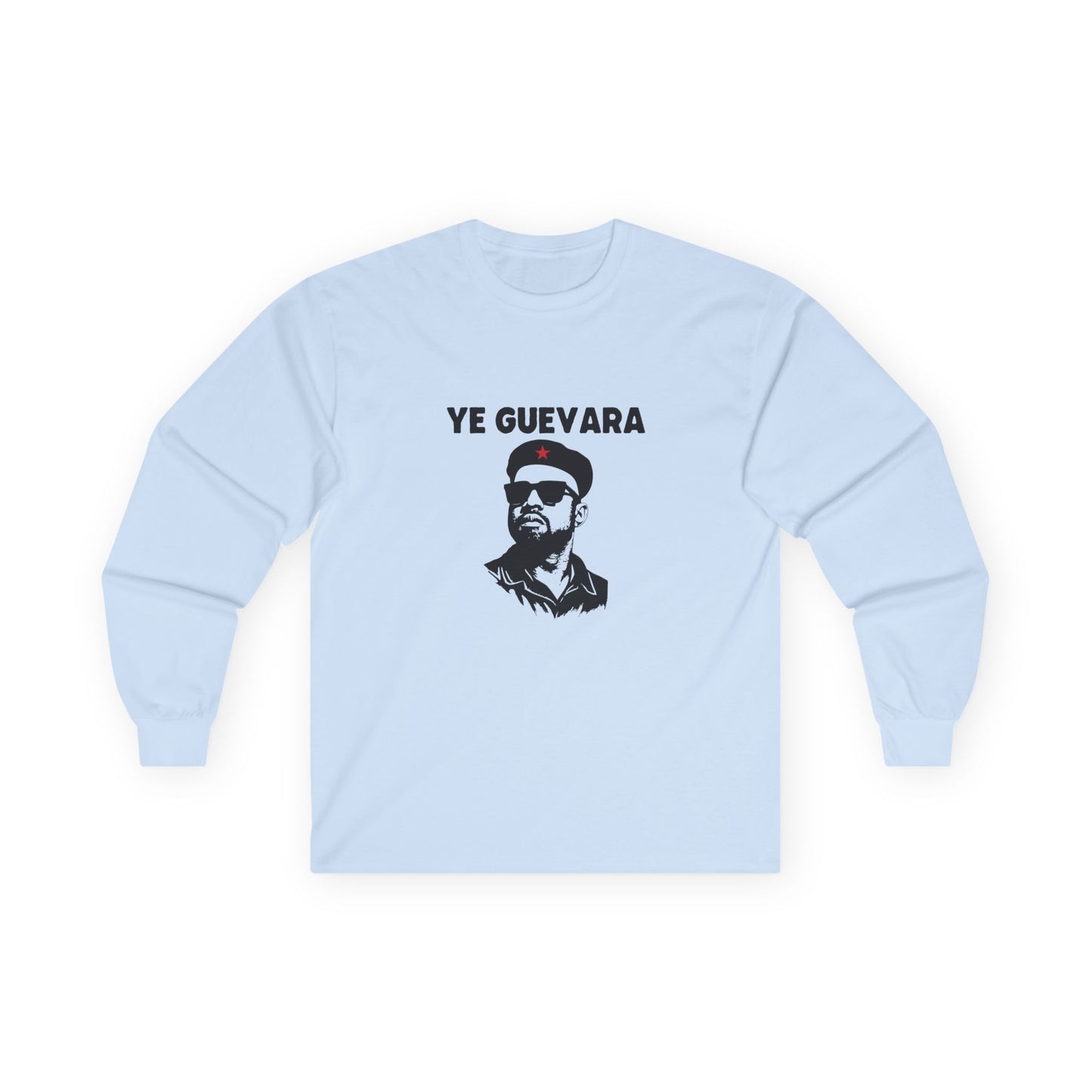 Parody illustration long sleeve shirt design of Kanye West portrayed in the iconic Che Guevara revolutionary poster style wearing a beret