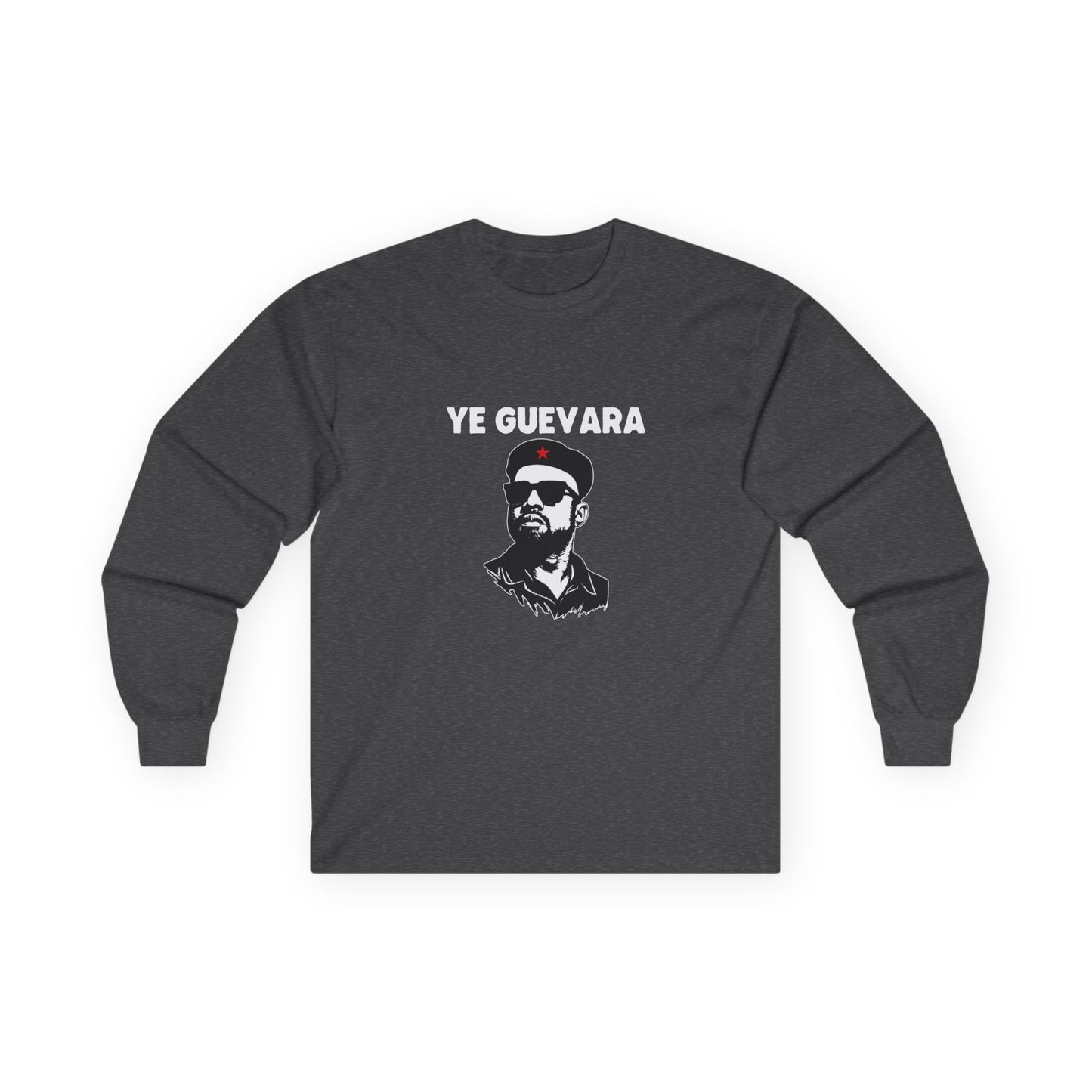 Parody illustration long sleeve shirt design of Kanye West portrayed in the iconic Che Guevara revolutionary poster style wearing a beret