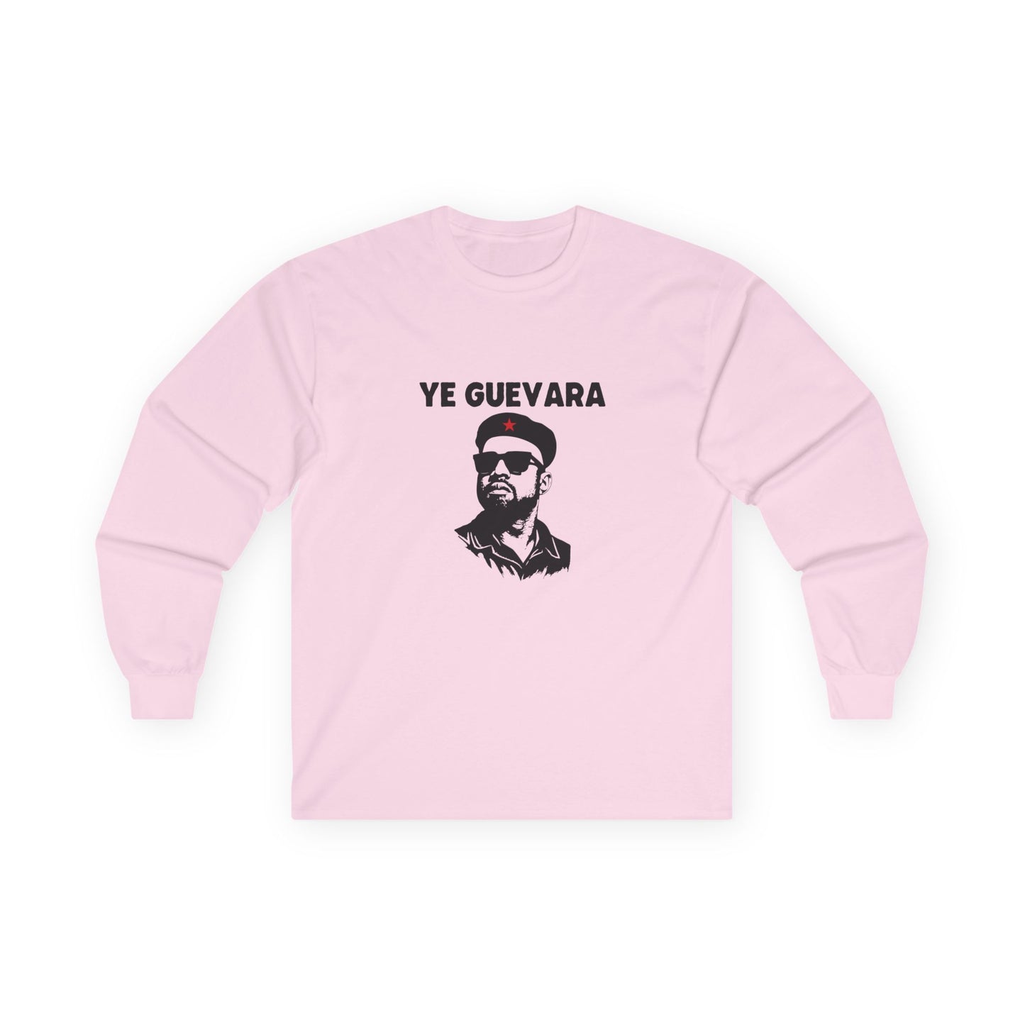 Parody illustration long sleeve shirt design of Kanye West portrayed in the iconic Che Guevara revolutionary poster style wearing a beret