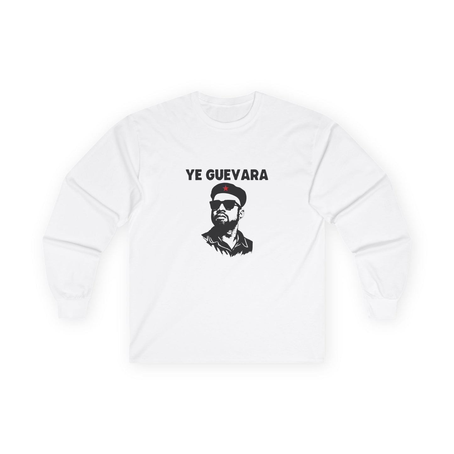 Parody illustration long sleeve shirt design of Kanye West portrayed in the iconic Che Guevara revolutionary poster style wearing a beret