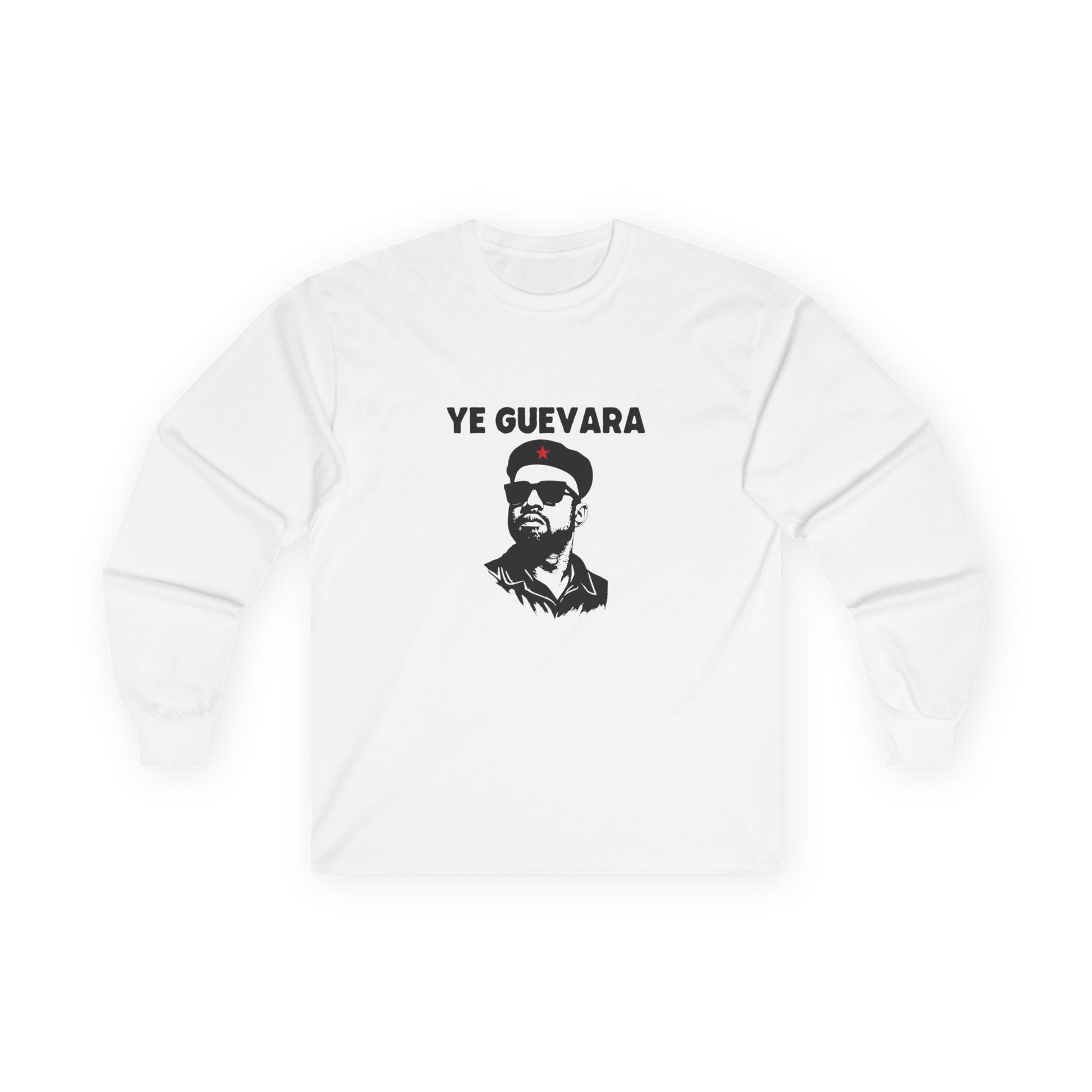 Parody illustration long sleeve shirt design of Kanye West portrayed in the iconic Che Guevara revolutionary poster style wearing a beret