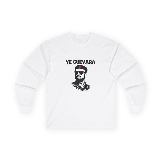 Parody illustration long sleeve shirt design of Kanye West portrayed in the iconic Che Guevara revolutionary poster style wearing a beret