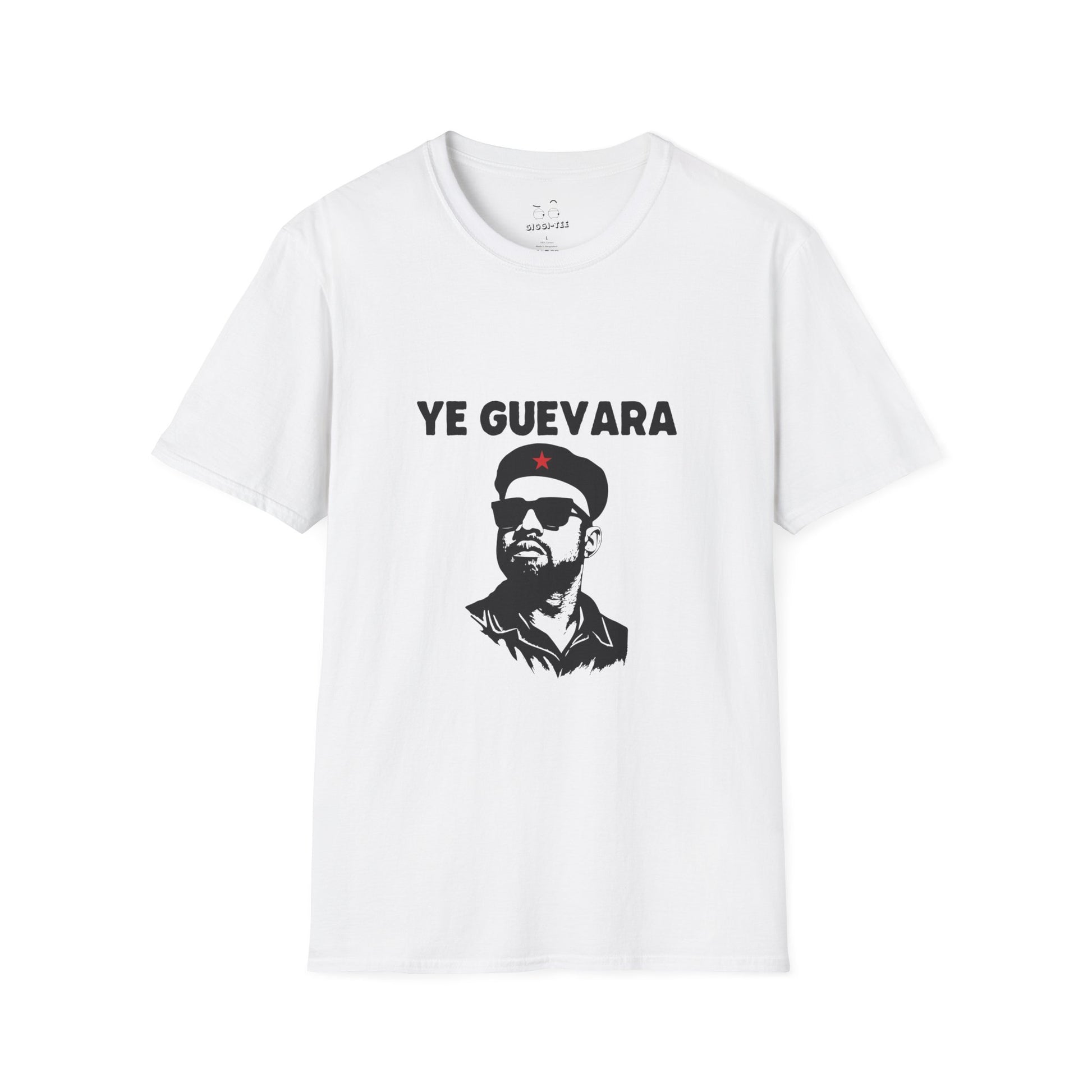 Parody illustration shirt design of Kanye West portrayed in the iconic Che Guevara revolutionary poster style wearing a beret