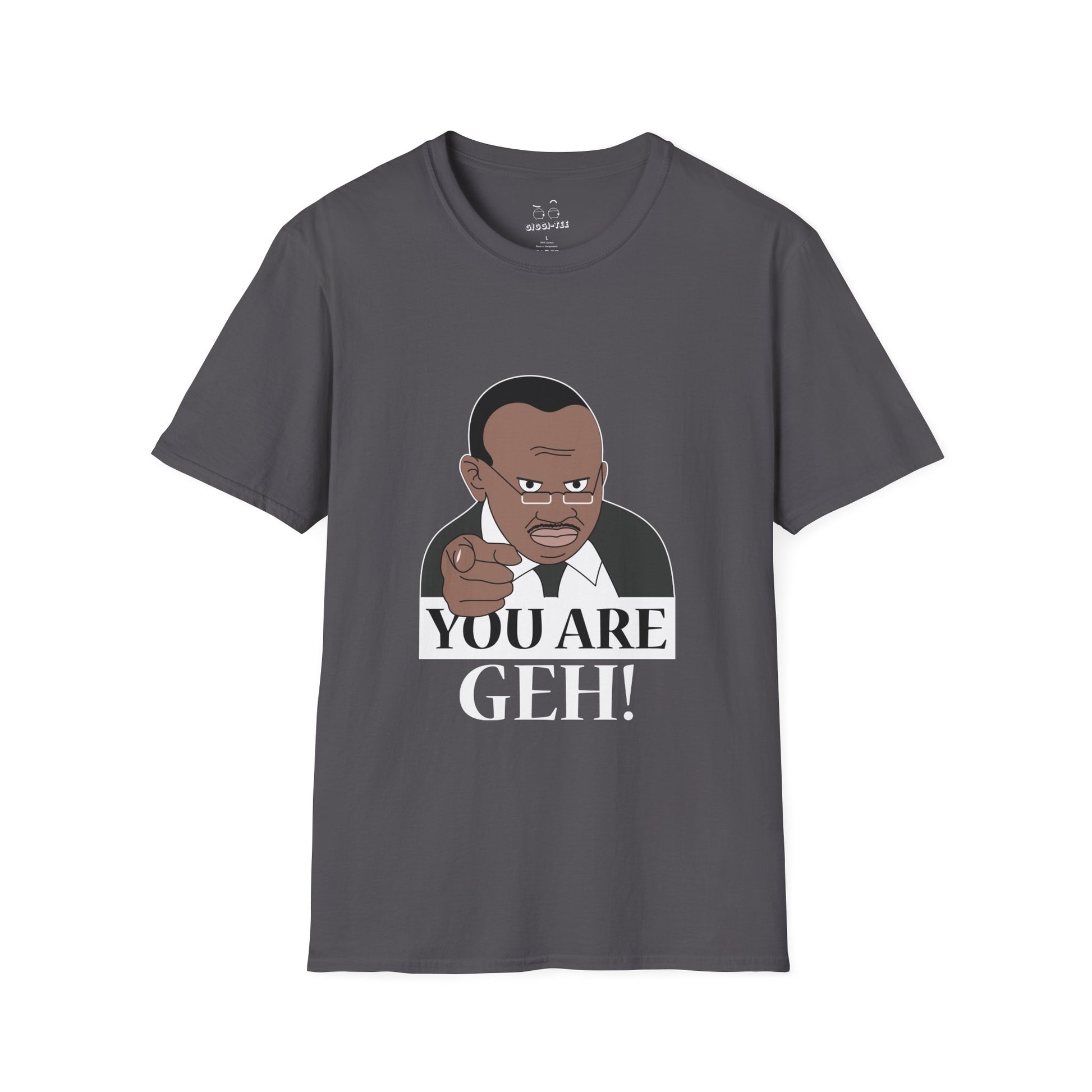 Illustration of the Ugandan TV host from the viral "Why Are You Geh?" clip, pointing forward like Uncle Sam, with bold text saying "You Are Geh!"