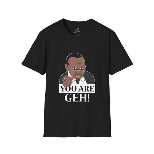 Illustration of the Ugandan TV host from the viral "Why Are You Geh?" clip, pointing forward like Uncle Sam, with bold text saying "You Are Geh!"
