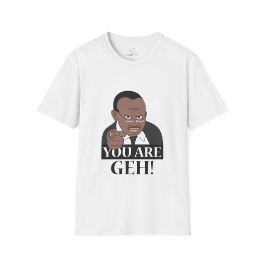 Illustration of the Ugandan TV host from the viral "Why Are You Geh?" clip, pointing forward like Uncle Sam, with bold text saying "You Are Geh!"